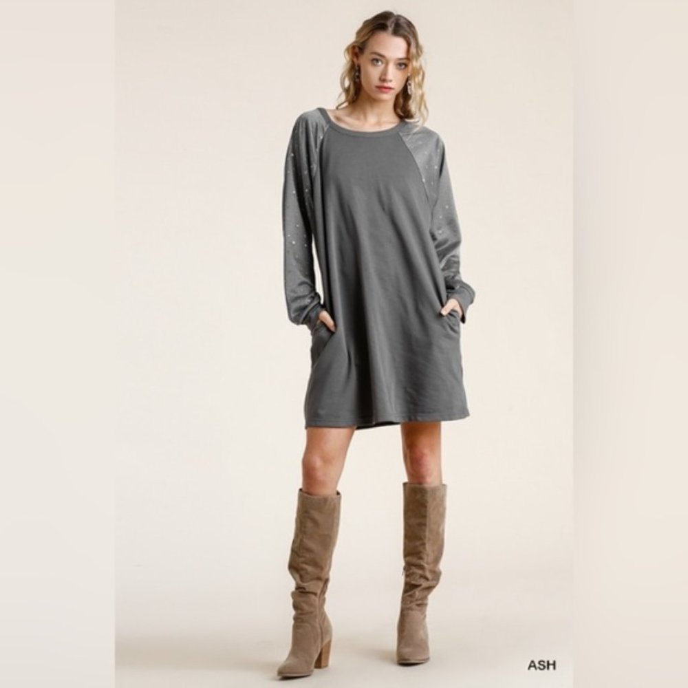 Umgee | Ash Gray Long Sleeve Raglan Sweatshirt Dress Winter Gold Star New Medium - Picture 3 of 14